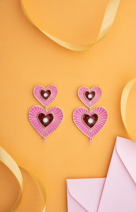 Enamel Pink Double Heart Earrings