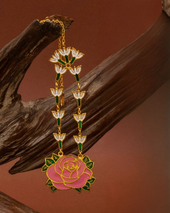 Pink Enamel Rose Jasmine Maangtikka